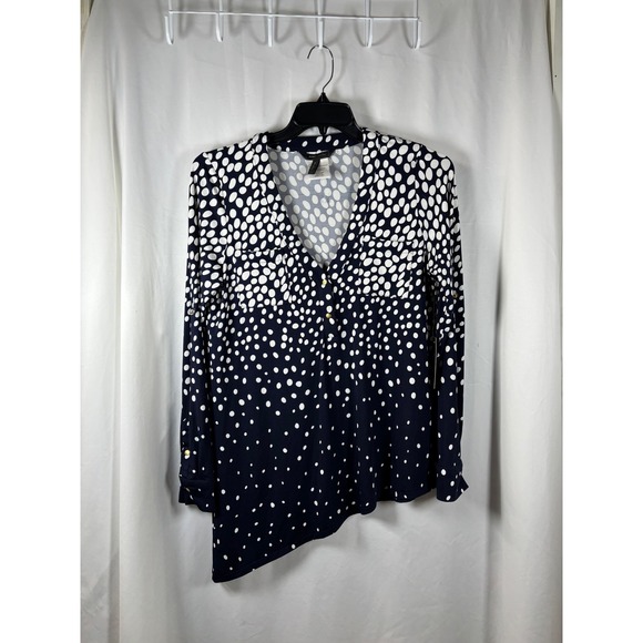 BCBGMaxAzria Tops - BCBGMAXAZRIA Womens Navy White Polka Dot Asymmetrical Blouse  NWT Size L